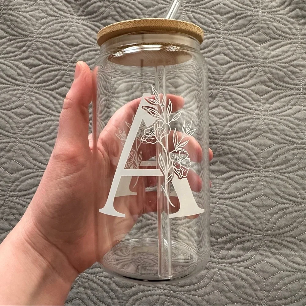 “A” Initial Glass Cup with Wooden Lid and Glass Straw